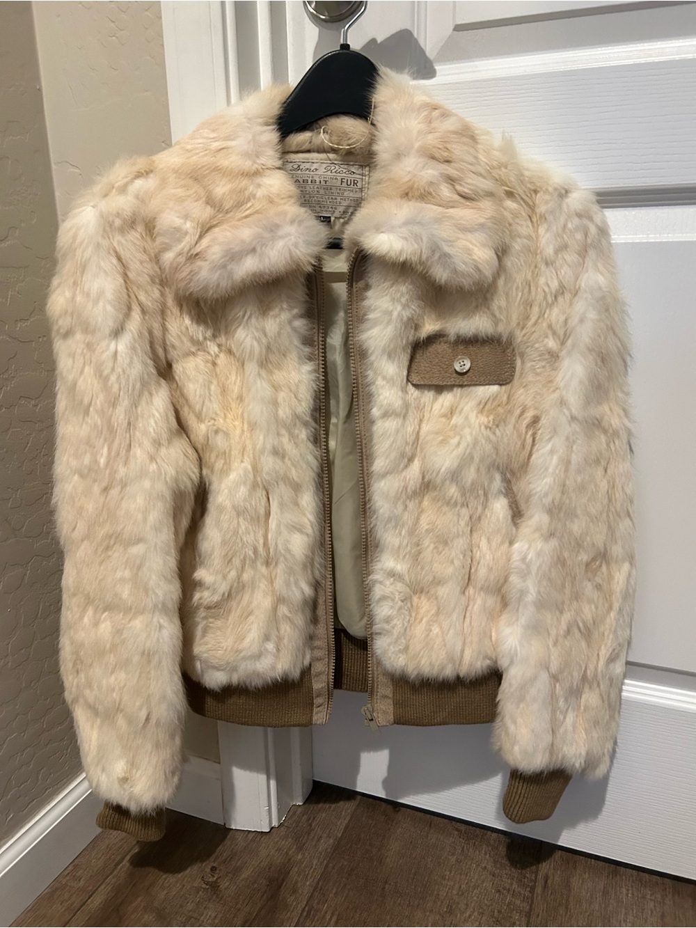 Plush Cream Faux Fur Bomber Jacket with Ribbed Trim